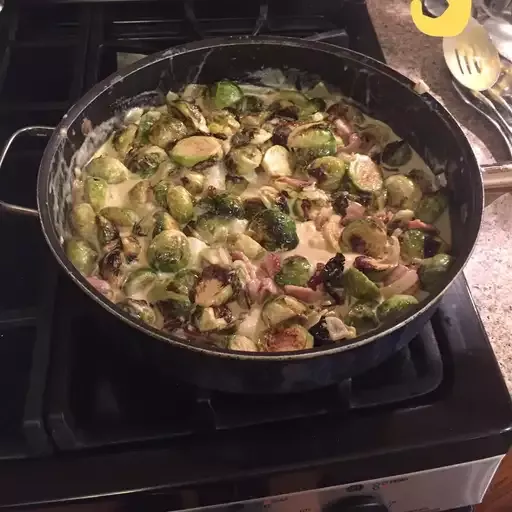 Brussels Sprouts in a Sherry Bacon Cream Sauce