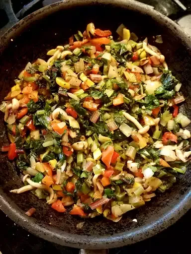 Sauteed Swiss Chard with Mushrooms and Roasted Red Peppers