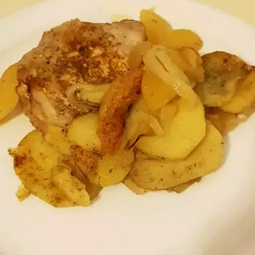 Pork Chops with Apples, Onions, and Sweet Potatoes