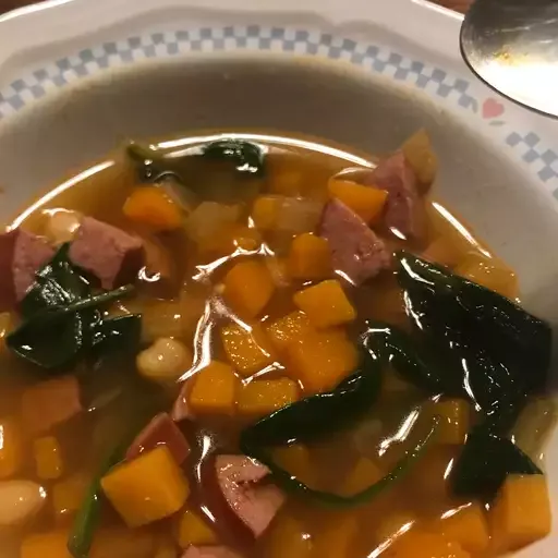 Smokey Sausage, Kale & Sweet Potato Soup