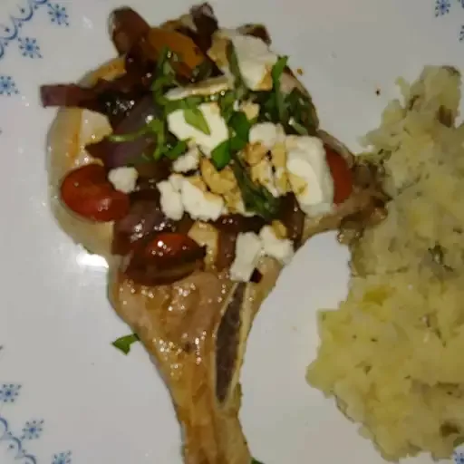 Pork Chops with Fresh Tomato, Onion, Garlic, and Feta