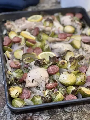 Sheet Pan Roasted Chicken Thighs with Brussels Sprouts