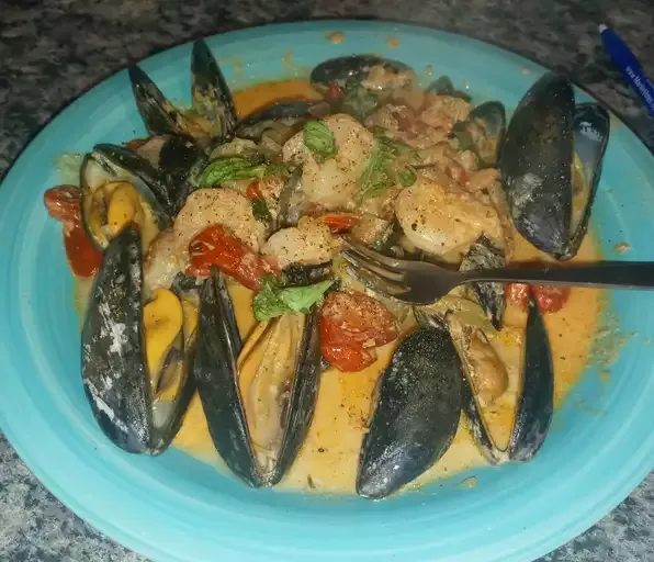 Steamed Mussels with Fennel, Tomatoes, Ouzo, and Cream