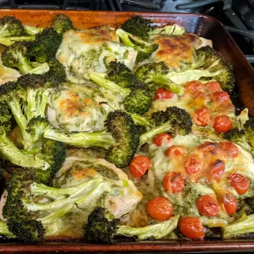 Sheet Pan Chicken with Mozzarella, Pesto, and Broccoli