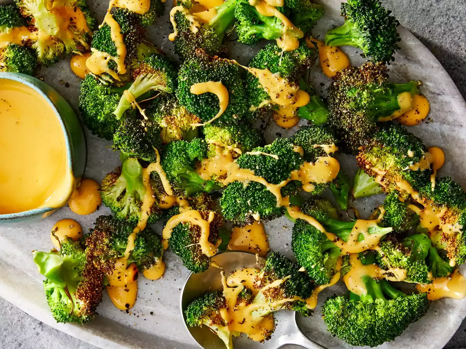 Air-Fryer Roasted Broccoli with Cheese Sauce