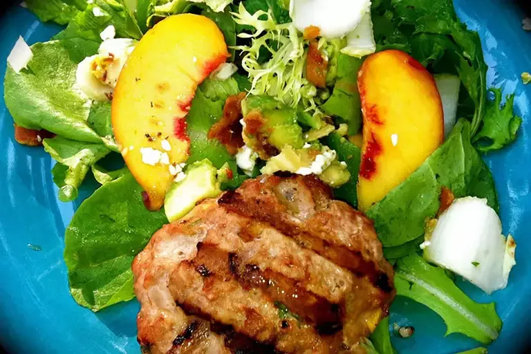 Peachy Turkey Burger over Greens with Endive, Bacon, Avocado, and Gorgonzola