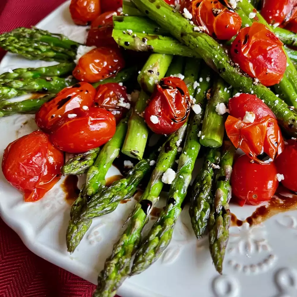 Air Fryer Asparagus and Tomatoes with Balsamic Drizzle