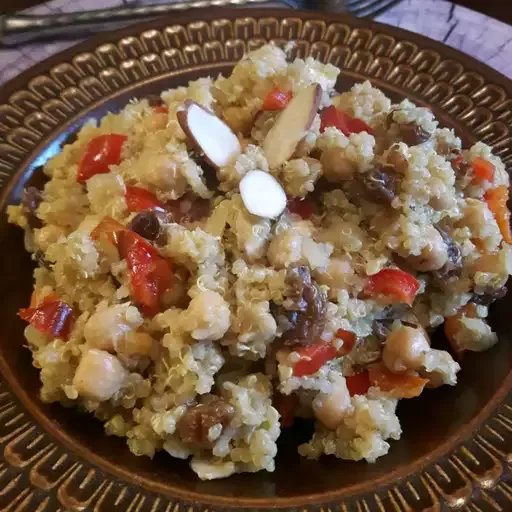 Pantry Curried Quinoa with Garbanzo Beans and Roasted Peppers