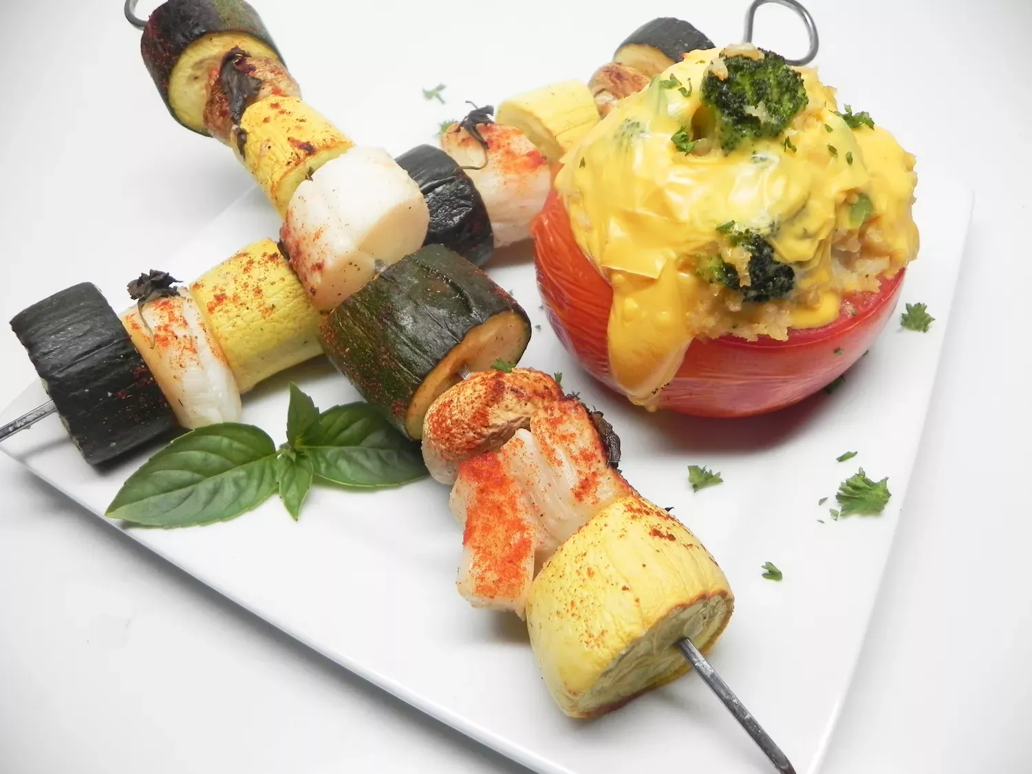 Mamita's Mojito Scallop Kabobs with Stuffed Tomatoes