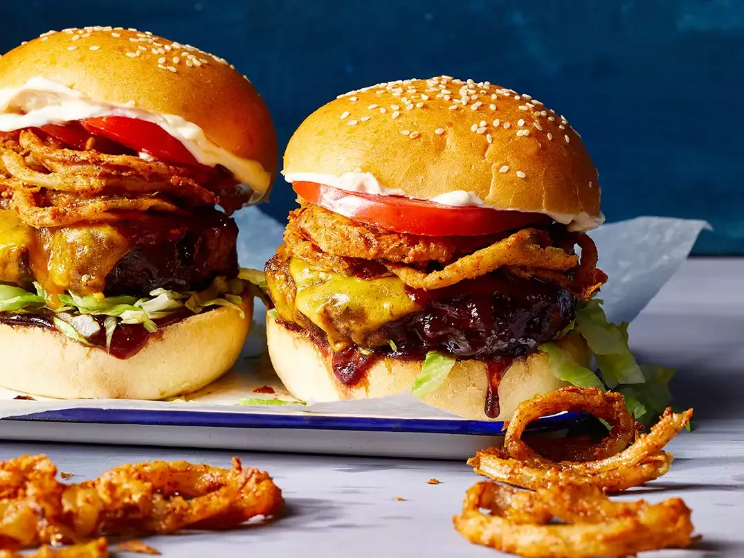 Copycat Red Robin Whiskey River BBQ Burger with Onion Straws